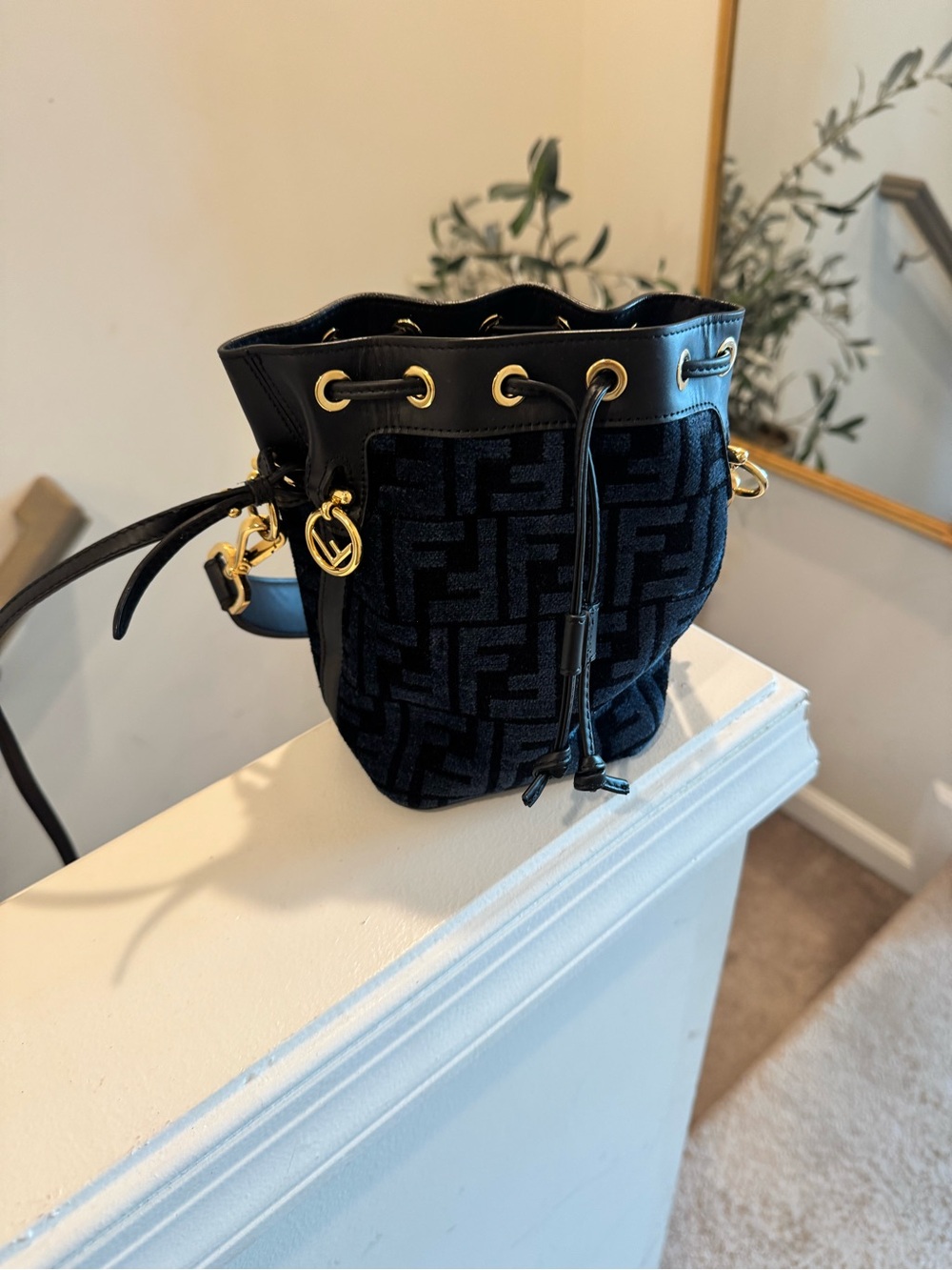Fendi Mon Tresor Monogram Drawstring Bucket Bag with Gold Hardware